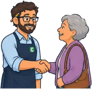 Don Cuenta le da la mano a Rosa Benítez, una clienta del almacén